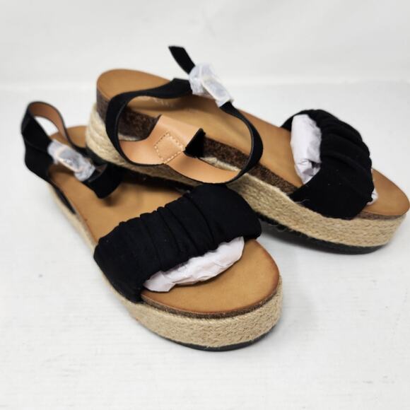 Black Wedge Espadrilles Sandals Platform Buckle Summer Shoes Women's Size 5 NWT - Picture 2 of 11